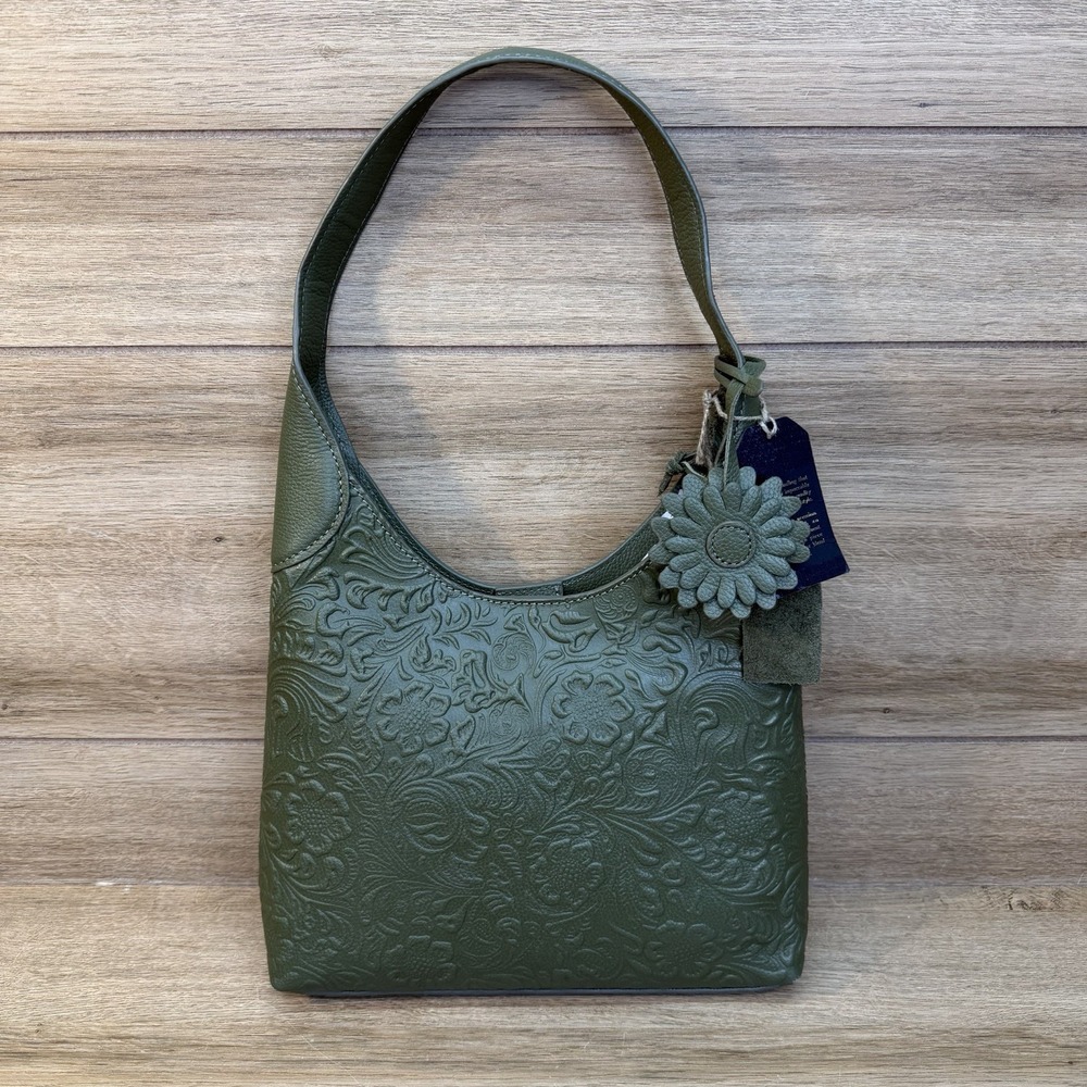 Genuine Tooled Leather Floral Shoulder Bag Hobo Dark Green Charm India Brooklyn